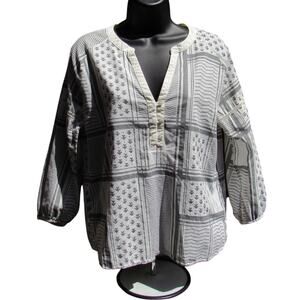 Prana Top Womens XS White Black Organic Cotton Sleeves Blouse Peasant top